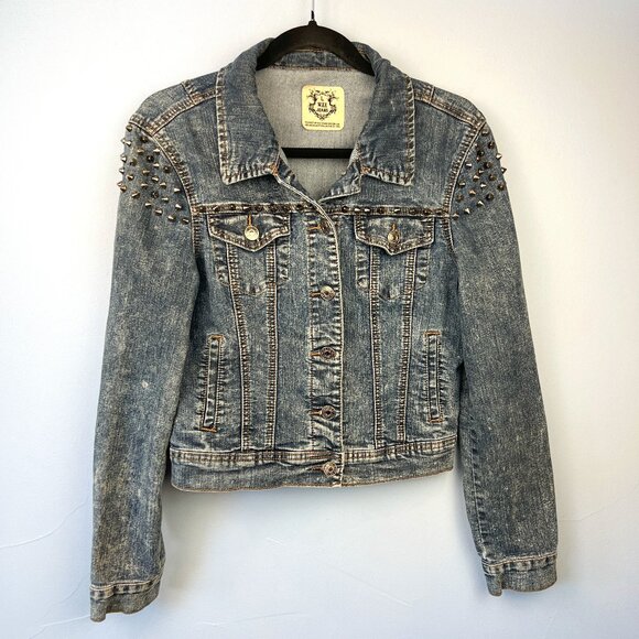 Studded Spikes Acid Wash Denim Cropped Jean Jacket Size L Punk Streetwear Edgy - Picture 1 of 4